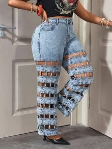Slaydiva Plus Size Women High Waist Pockets Hollow Out Casual Wide Leg Jeans - Multicolor - View 6