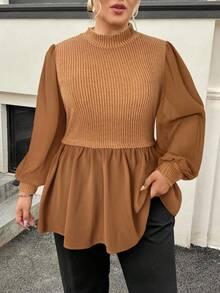 SHEIN Clasi 大码女式黑色长袖有领衬衫上衣，秋季服装 - 摩卡棕 - 查看 3