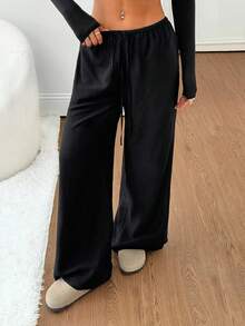 SHEIN PETITE Women's Black Solid Color Linen Low-Waist Straight-Leg Casual Pants, Suitable For Vacation, Petite Version,Black Pants,Black Pant - Black - View 5