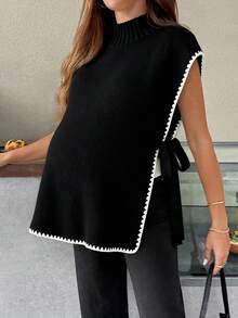 SHEIN 女式休闲撞色边侧开衩针织背心，秋冬 - 黑色 - 查看 1