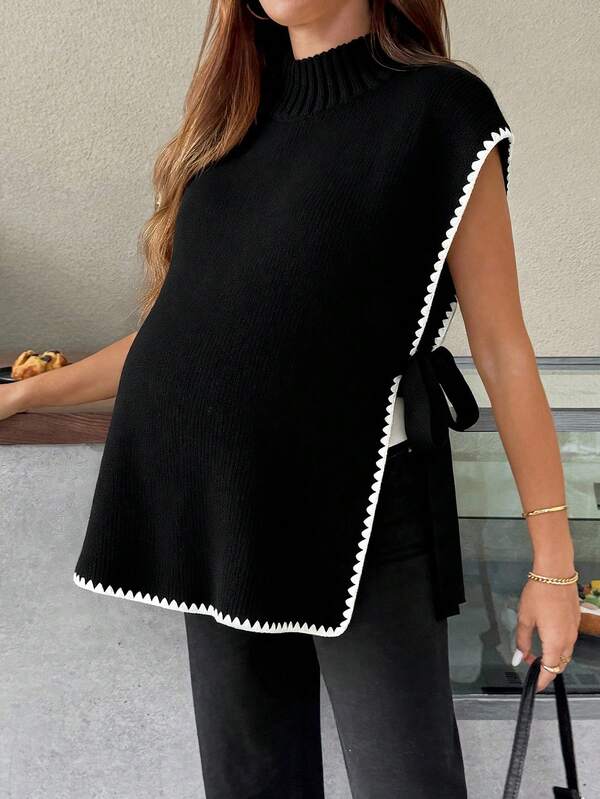 SHEIN سترة نسائية كاجوال محبوكة بفتحة جانبية وحواف متباينة، لباس علوي خريف/شتاء سوداء وبيضاء، بلا أكمام، لباس علوي نسائية، لباس علوي صوفي، لباس علوي بونشو