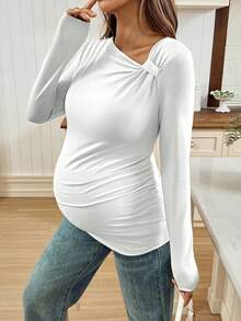SHEIN 不对称领纯色长袖百搭孕妇T恤 - 白色 - 查看 5