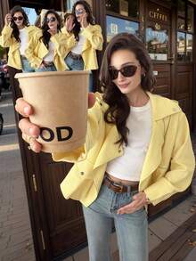 Elyressa Women's Zipper Design French Casual Daily Commute Fashion Elegant Street Vintage Versatile Holiday Business Pale Yellow Autumn/Winter Long Sleeve Motorcycle Jacket