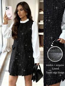 Rafferiza Elegante abito nero corto con patchwork, di stile alla moda e minimalista, abito di alta gamma per donna per l'autunno/inverno - Multicolore - Visualizzare 3