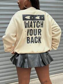 SHEIN Women's Casual Long Sleeve Jacket With Front Button Closure And Letter Print Design - Apricot - View 2