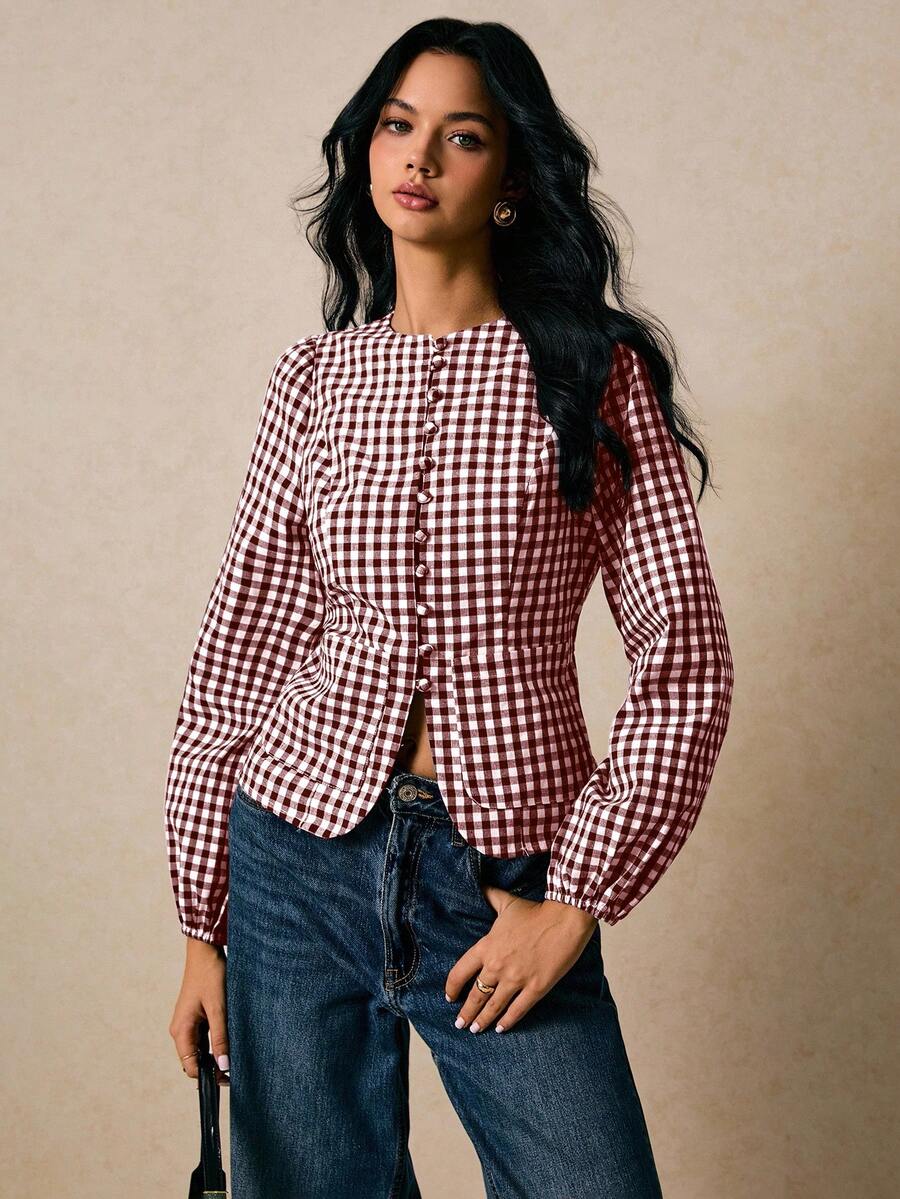 Poéselle Women's Plaid Single-Breasted Lantern Sleeve Casual Shirt - Burgundy - View 1