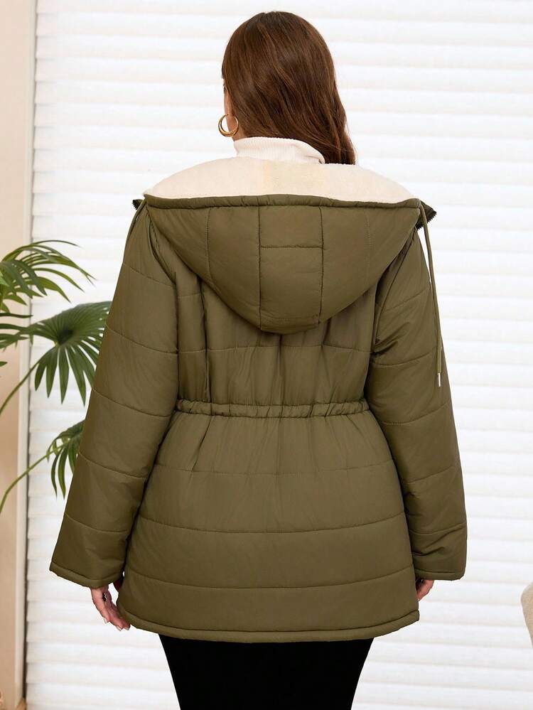 Plus Size Women's Solid Color Long Sleeve Drawstring Waist Casual Thermal Lined Hooded Winter Jacket Fall Clothes For Women Winter Clothes Winter Clothes For Women Cozy Fall And Winter Clothes For Women