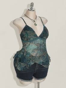 SHEIN ICON Damen Große Größen Urlaubs Cashew Blume Muster Rüschen Träger Camisole 4. Juli Damen süßes Sommer Top Ausgehoberteil - Blau - Übersicht 6