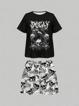Ensemble pyjama court à imprimé intégral tête de mort gothique avec toile d'araignée et rose, hauts manches courtes et shorts, vêtements de nuit décontractés