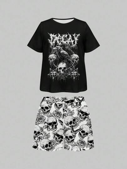 Goth Ensemble pyjama court à imprimé intégral tête de mort gothique avec toile d'araignée et rose, hauts manches courtes et shorts, vêtements de nuit décontractés