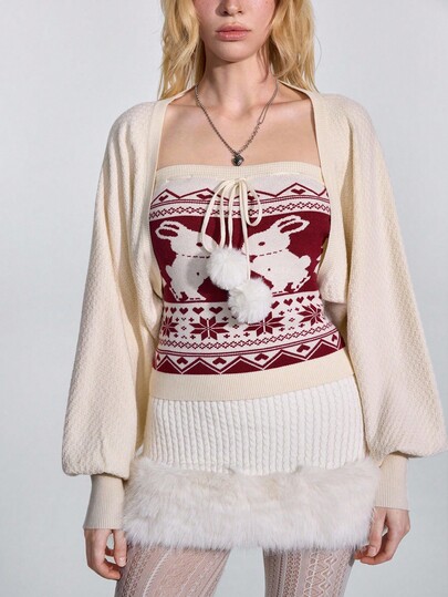 ROMWE Avant Set de 2 piezas de suéter con sensación esponjosa de jacquard estilo Fairisle para mujeres - Top tubo + Cárdigan corto