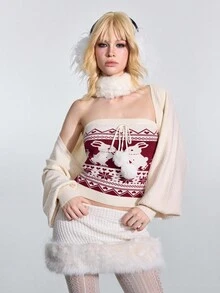 ROMWE Avant Set de 2 piezas de suéter con sensación esponjosa de jacquard estilo Fairisle para mujeres - Top tubo + Cárdigan corto - Multicolor - Ver 2