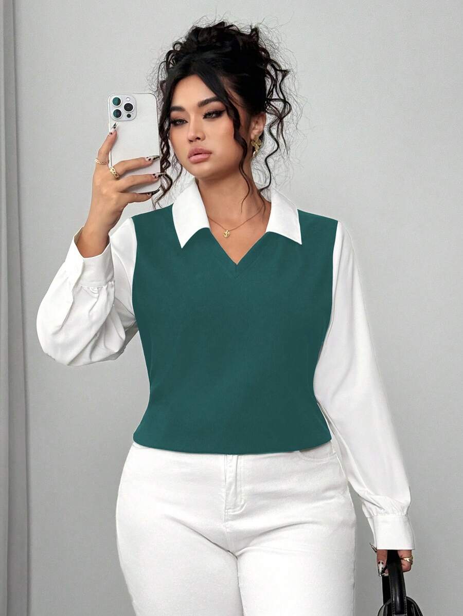 Elenzga Camicia elegante da donna, casual e semplice, di moda versatile e comoda, con collo a camicia, manica lunga, design regular, colore bianco e nero, adatta per primavera, estate e autunno, taglie comode