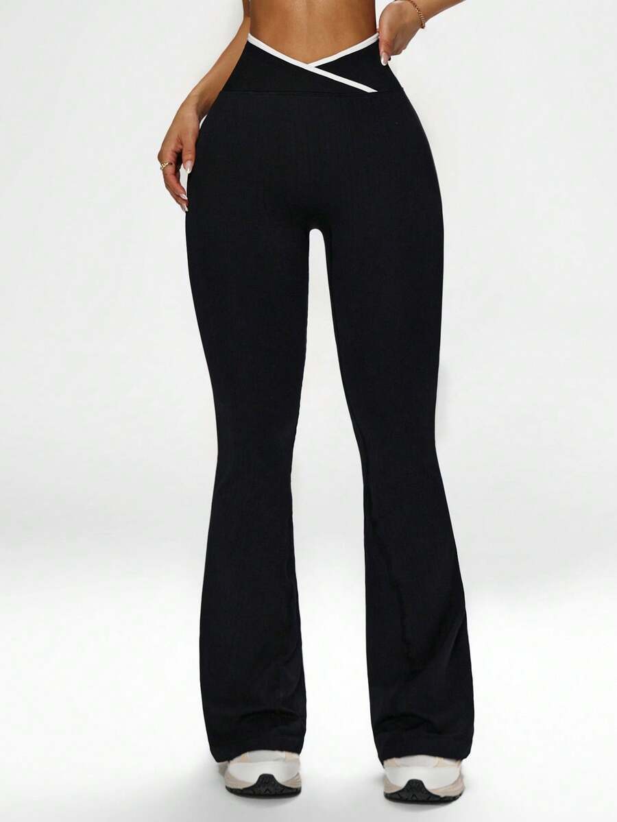 Dewbera 女式喇叭瑜伽裤，优雅廓形设计运动长裤 - 黑色 - 查看 1