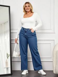 RueChic 100%Cotton Plus Size High Waist Slant Pocket Casual Straight Leg Jeans - Blue - View 3