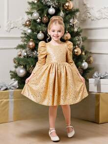 Glamorique Kids 儿童生日派对金色亮片连衣裙，泡泡袖连衣裙，高档童装，秋冬新款时尚。 - 金色 - 查看 6