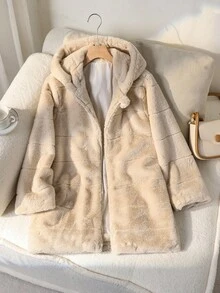 Tween Girls Oversized Rabbit Hair Patchwork Hooded Long Jacket,Loose Fit Comfortable Autumn Winter Jacket,Apricot Modest Formal Outdoor Casual Coat - Apricot - View 5