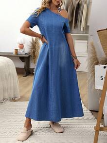 EMERY ROSE 女式休闲水洗不对称领长款牛仔连衣裙 - 藍色 - 查看 6