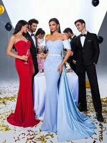 Glamrae Elegant Luxurious Blue Rhinestone Off-Shoulder Mermaid Dress With Detachable Ruffle Hem, Suitable For Weddings, Parties, Vacations, Galas, Formal Events (Heavy Embellishment) - Blue - View 6