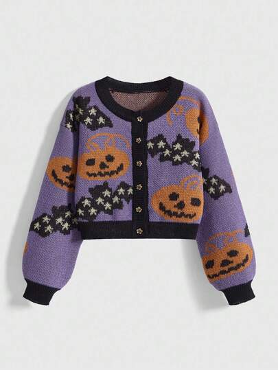 Fairycore Women's Vintage Pumpkin, Bat & Star Jacquard Knit Cardigan Sweater For Halloween