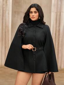 Roveilla Plus Size Women Elegant Brown Lapel Long Sleeve Cinched Waist Overcoat - Black - View 8