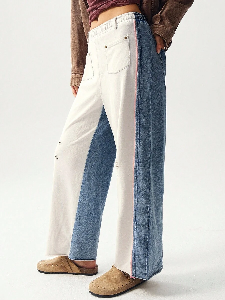 Bohemela 女式休闲针织拼布直筒牛仔裤 - 杏色 - 查看 1