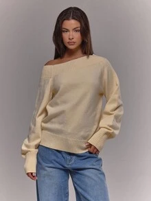 MUSERA 针织罗纹不对称肩部长袖束口下摆套头衫，适合机场、假日、冬季、日常、晚间穿着，优雅时尚。 - 奶油色 - 查看 3