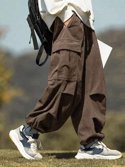 Claim Dot 男士宽松纯色休闲灯芯绒工装裤，百搭户外棕色超大款运动裤，秋冬款