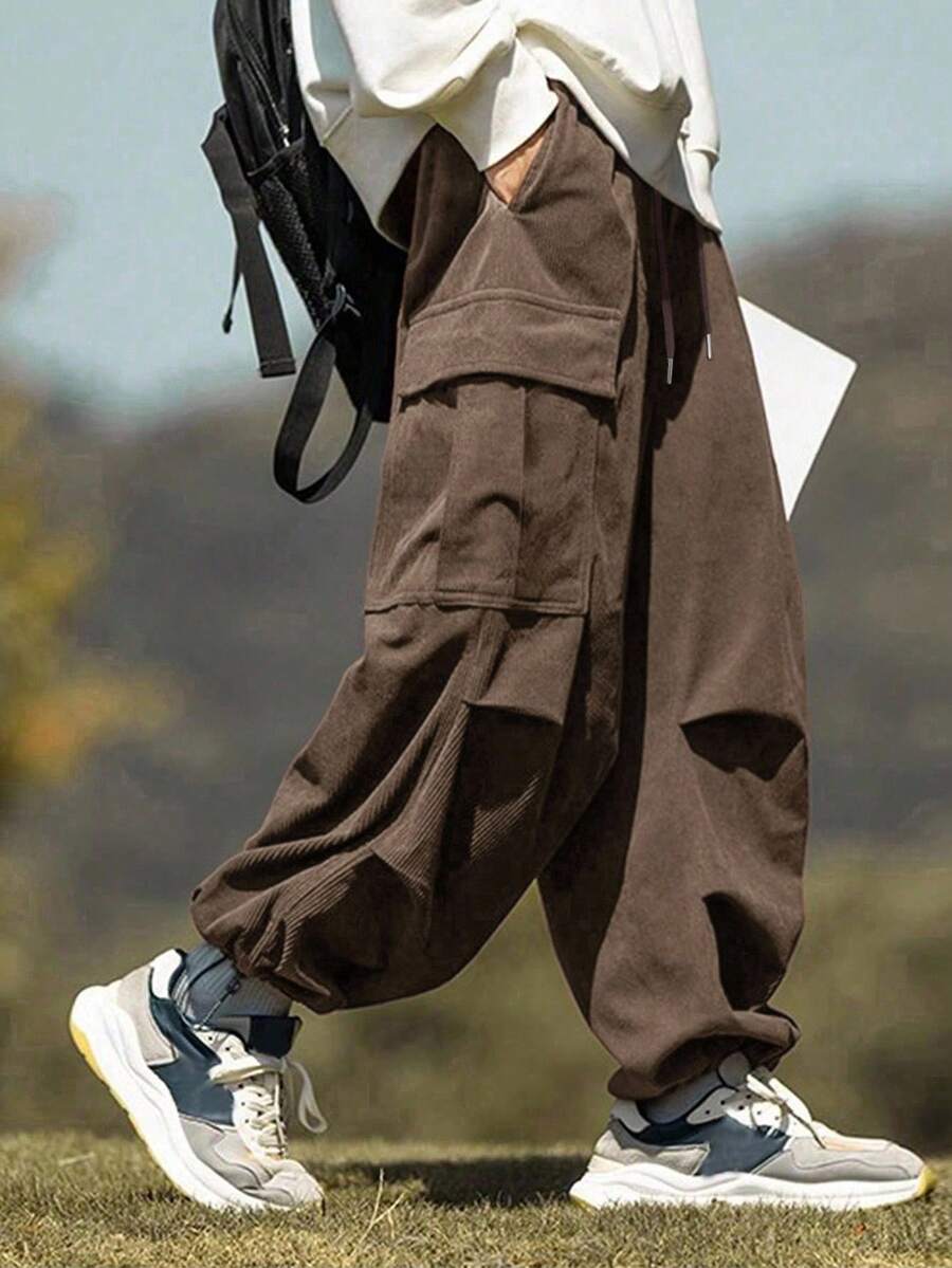 Claim Dot Men's Loose Fit Solid Color Casual Corduroy Cargo Pants, Versatile Outdoor Brown Oversized Sweatpants , Fall/Winter