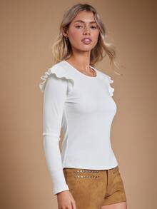 WESTFADE Brushed Rib Knit Scoop Neck Ruffle Shoulder Long Sleeve Top Fall, Autumn, Winter, Nashville Concert, Casual, Cute, Boho, Western Wear For Women