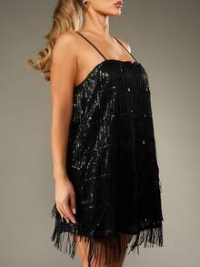 MISSGUIDED Vestido mini de fiesta con volantes con flecos y lentejuelas, con tirantes de espagueti, inspirado en el estilo flapper de Gatsby, para salir de noche, fiestas y vacaciones - Negro - Ver 5
