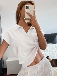 Livesso Suéter de punto de cuello polo ajustado de unicolor para mujer, informal para ir al trabajo en primavera/verano - Blanco - Ver 3