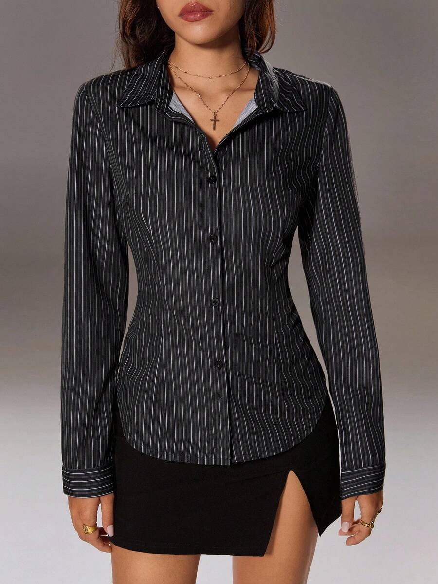 TRNVIE 女式春夏长袖蓝色条纹腰部修身休闲衬衫女式衬衫 - 黑色 - 查看 1