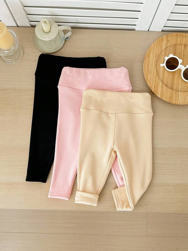 LMoss 3 Pairs Of Baby Girls Winter Thick Thermal Lined Warm Leggings, Solid Color Tight Pant Leg, Black, Brown, Beige, Casual Essential Base Layer Fall Baby Trousers Baby Girl Leggings Cotton Leggings Babygirl Pants Infant Girl Pants