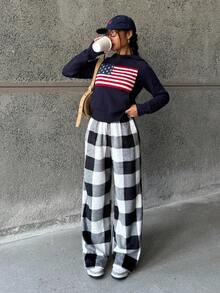 SHEIN Quần ống rộng ống rộng in họa tiết kẻ caro mềm mại buộc eo cho bé gái Glowzi - Đen và trắng - Xem 3