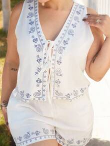 Lupita Cardoza 夏季波西米亚度假白色编织花卉印花两件套 - 白色 - 查看 3