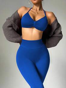 Dewbera 女士纯色褶皱吊带文胸和紧身裤运动套装 - 藍色 - 查看 4