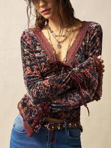 Bohemela 女式休闲度假V领长袖针织上衣 - 藍色 - 查看 6