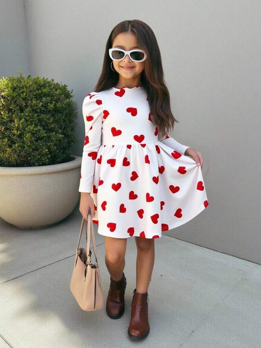 SHEIN Nova Glow Young Girl Valentine's Day Heart Print Round Neck Long Sleeve Casual Dress - Red and White - View 1