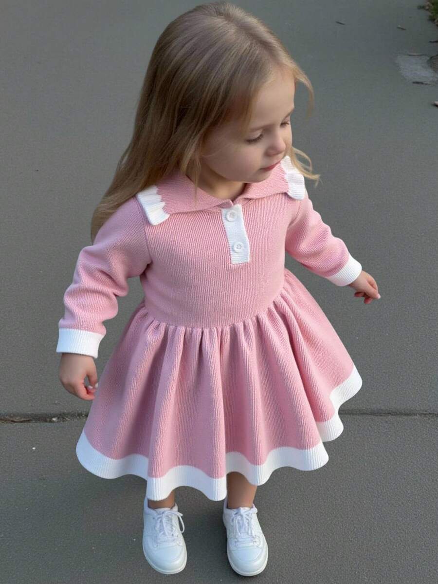 SHEIN Playful Pals Baby Girls' Fashion Minimalist Knitted Long Sleeve Pleated Dress Baby Girl Collared Dress Pink Baby Girl Sweater Dress Toddler Pink Dress Baby Girl Dress Pink Collared Dress Baby Girls Winter Clothes Baby Girls Fall Clothes Baby Girl Fall Outfits - Coral Pink - View 1
