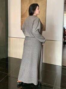 Dazy Plus 2pcs V-Neck Cardigan Top And Elastic Waist Skirt Knit Suit, Plus Size, Autumn