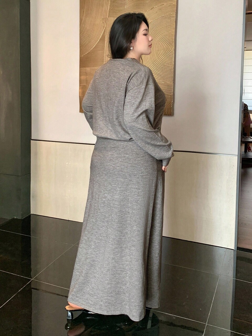 Dazy Plus 2pcs V-Neck Cardigan Top And Elastic Waist Skirt Knit Suit, Plus Size, Autumn