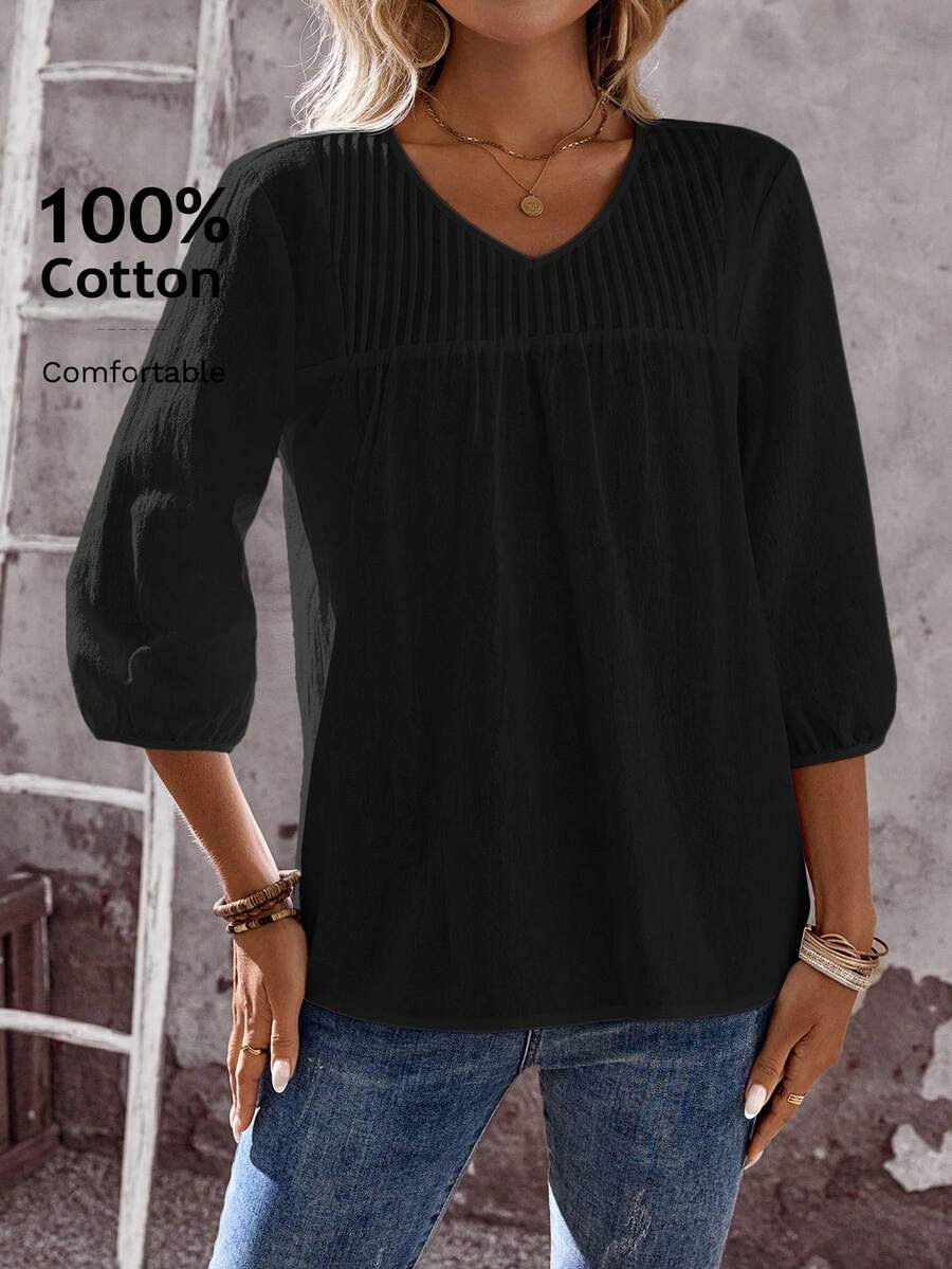 EMERY ROSE 女式纯色褶皱 V 领灯笼袖休闲衬衫 - 黑色 - 查看 1