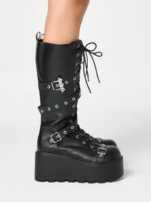 ROMWE Grunge Punk Giày bốt cao đến đầu gối, đế dày, mũi tròn, phong cách Punk, kiểu dáng thời trang ngoài trời mùa thu/đông 2025 - màu đen - Xem 4