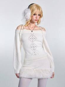 ROMWE Avant Y2K Collegiate Style Argyle Pattern Off Shoulder Tie-Up Sweet Fitted Fuzzy Knit Sweater For Women - White - View 5