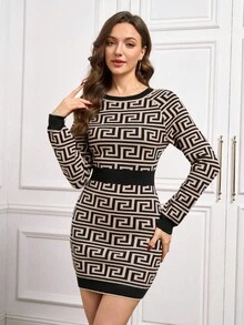 Ellevyn Klassisches Jacquard-Kleid mit Taillengürtel und Langarm für Herbst/Winter - Braun - Übersicht 5