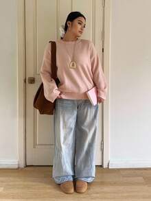 Vibekara Áo len dệt kim màu hồng trơn cổ tròn tay dài thoải mái, co giãn cao, cỡ lớn dành cho nữ, thích hợp mặc khi đi làm hàng ngày, mặc trong nhà và ngoài trời, quà tặng hoàn hảo cho lễ Halloween và Giáng sinh - Màu Hồng baby - Xem 7