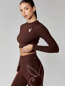 Missguided x Playboy Activewear Crop Top Long Sleeve Compression Training Performance Athletic Workout Fitness Gym Exercise Running Cross Training Yoga - Coffee Brown - View 4