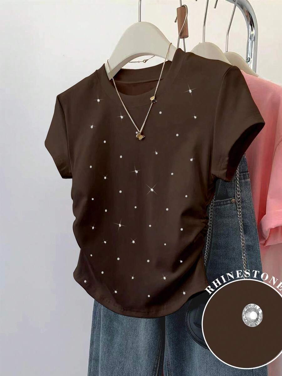 SHEIN Women's Casual Pleated Waist Fitted Short Sleeve T-Shirt, Brick Print, Suitable For Summer - Brown - View 1
