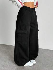 SHEIN EZwear Women's Solid Color Casual Warm Denim Jeans - Black - View 5